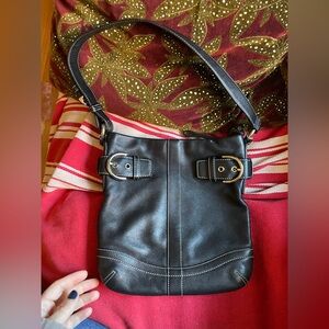 Coach Black Leather Shoulder Bag with big silver buckles EUC